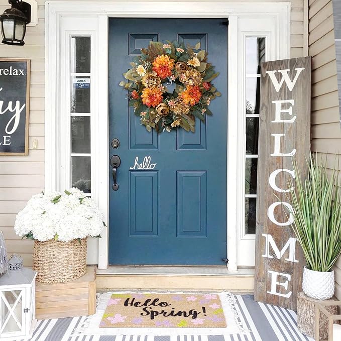 WANNA-CUL 24in Fall Front Door Wreath Dahlia Hydrangea Peony Table Decor | Twig-base autumn wreath with storage box for yearly reuse, ideal Thanksgiving indoor & covered outdoor seasonal gift