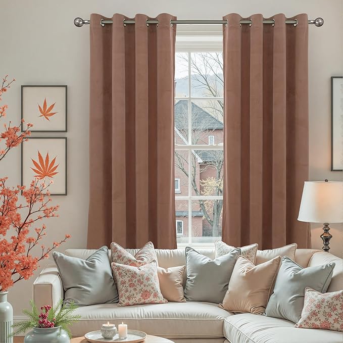 YoungsTex Mocha Brown Velvet Curtains for Living Room 96 Inches Long, Thermal Insulated Blackout Drapes with Grommet Privacy Floor Length for Bedroom Window, 2 Panels, 52 X 96 Inch
