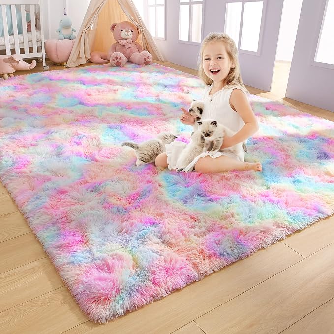 AROGAN Soft Rainbow Area Rugs for Girls Room 5x8 Feet, Fluffy Girls Bedroom Rugs, Princess Rug, Cute Colorful Carpet for Kids Teens Nursery Toddler, Pink