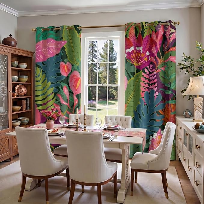 Boho Colorful Floral Blackout Curtain, Abstract Tropical Botanical Leaf Nature Asthetic Curtains, Retro Fun Funky Art Grommet Drapes 2 Panels, Farmhouse Bedroom Living Room Decor 52X84 Inch Green Pink
