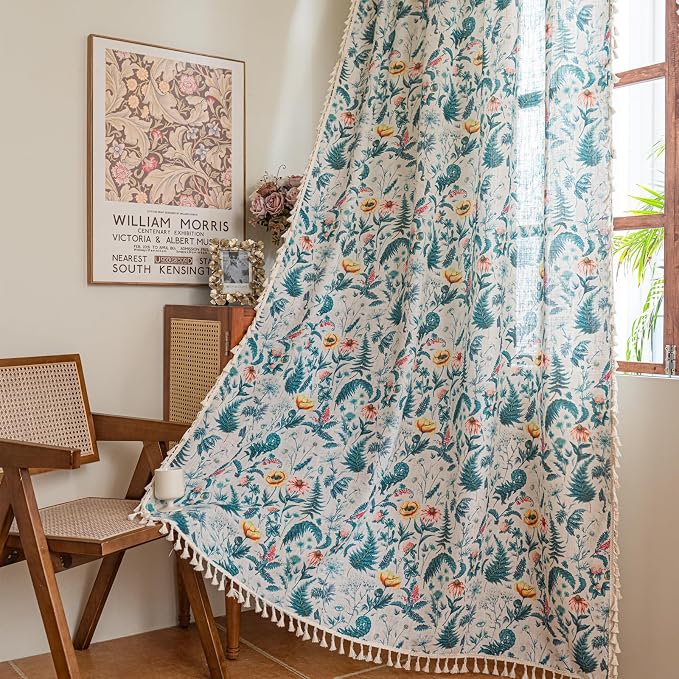 Deeprove Boho Florals Print Curtains 84 Inches Long with Tassel, Palm Leaves Sheer Window Treatments Vintage Drapes for Bedroom Living Room Abstract Privacy 2 Panels Pair 52W x 84L