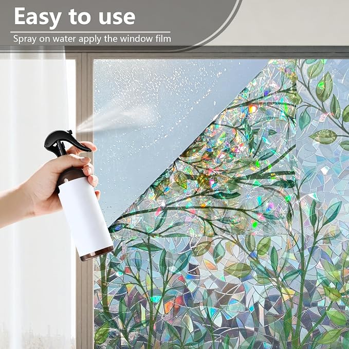 LEMON CLOUD Window Privacy Film Static Clings Decorative Leaf Rainbow Window Sticker Non-Adhesive Decals for Glass with Tools,17.5 x 157.4 Inch