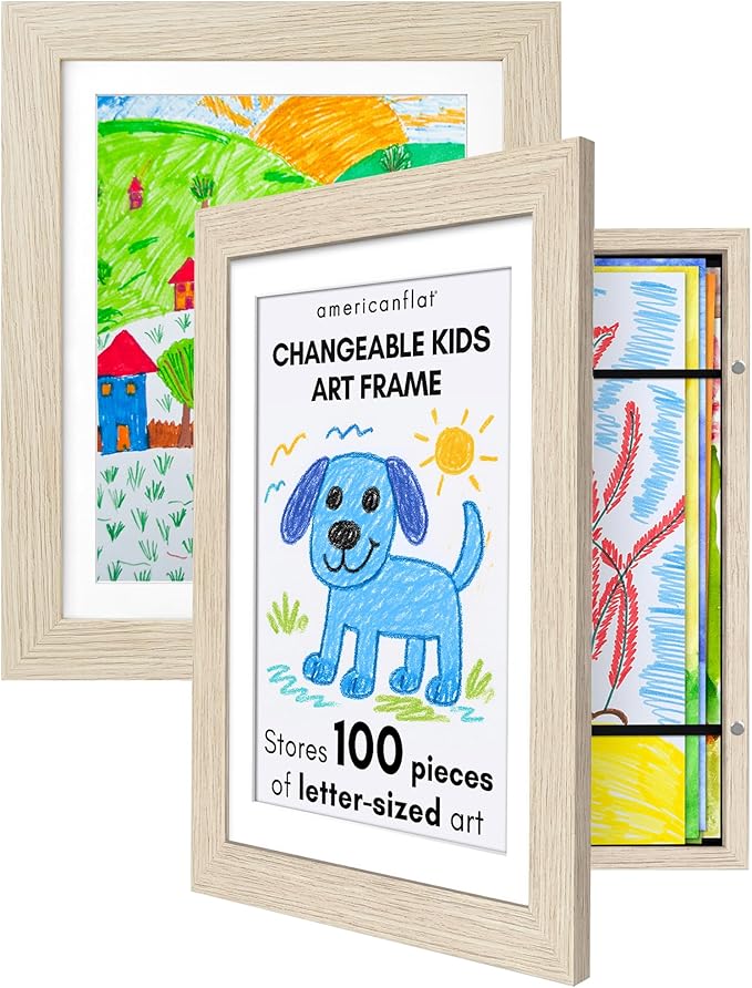 Americanflat - 2 Pack - Kids Artwork Frame Changeable (Light Wood) - Magnetic Door Holds 100 Art Pieces - 8.5x11 Letter Size Display with Mat or 10x12.5 Without Mat - My Mini Masterpiece