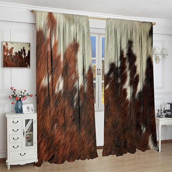 Cow Print Blackout Curtain,Animal Fur Skin Brown White Cowhide Western Rustic Farmhouse Window Treatments Rod Pocket Curtain for Bedroom Living Room Kitchen Decor Drapes 55x63in