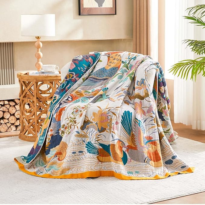 XIBLC Fall Throw Blanket for Couch, Yellow Boho Decorative Throw Blanket, 100% Cotton Muslin Breathable Woven Farmhouse Blankets Quilt, 50"x60" Reversible Lightweight Blankets Bohemian Throw Quilt