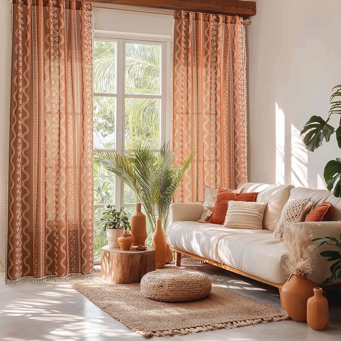 Boho Tapestry Curtains for Windows - 90 Inch Long Vintage Floral Printed Hippie Bohemian Drapes, Vine Patterned Semi Sheer Linen Panels for Living Room Bedroom