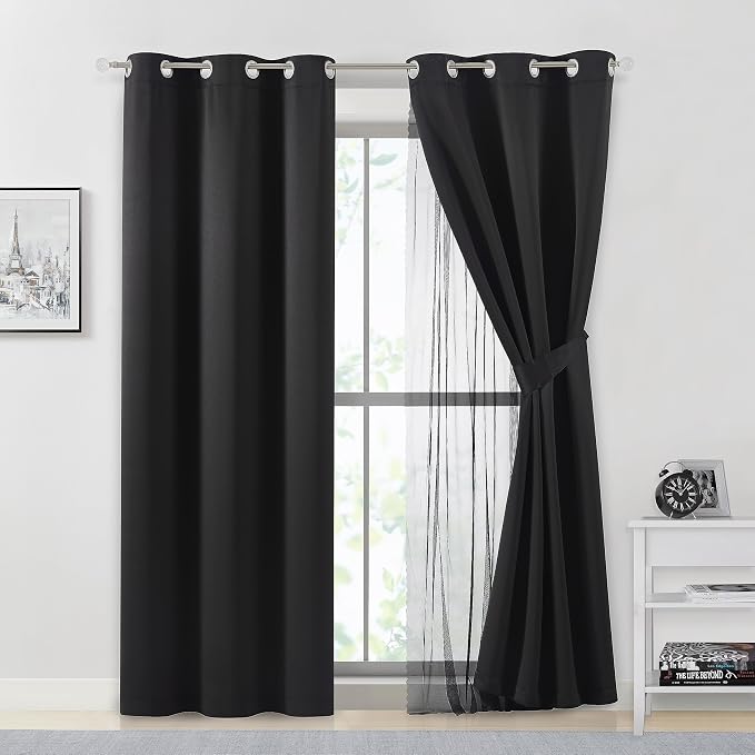 Bujasso Black Full Blackout Curtains with Sheer Overlay Mix and Match Double Layer Thermal Insulated Window Panels 84 inch for Living Room Bedroom Black Drapes with Tiebacks Grommet Top 37" Wx84 Lx2