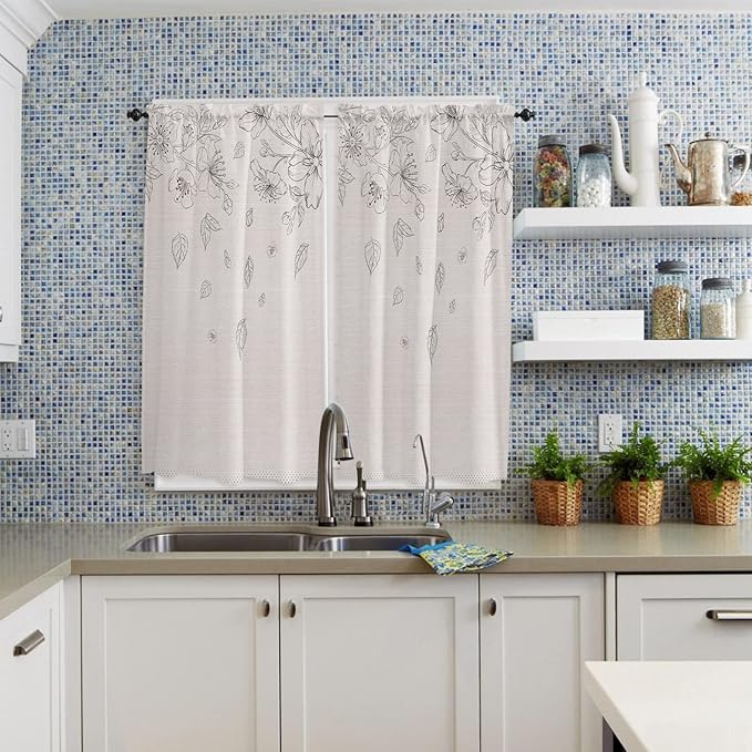 Kitchen Tier Curtains 63 inches Length, Flowers Leaves and Polka Dot Texture on Cotton Linen Window Curtains for Living Room Bath,Rod Pocket Light Filter Drapes Half Window Treatment Tiers 2 Panels