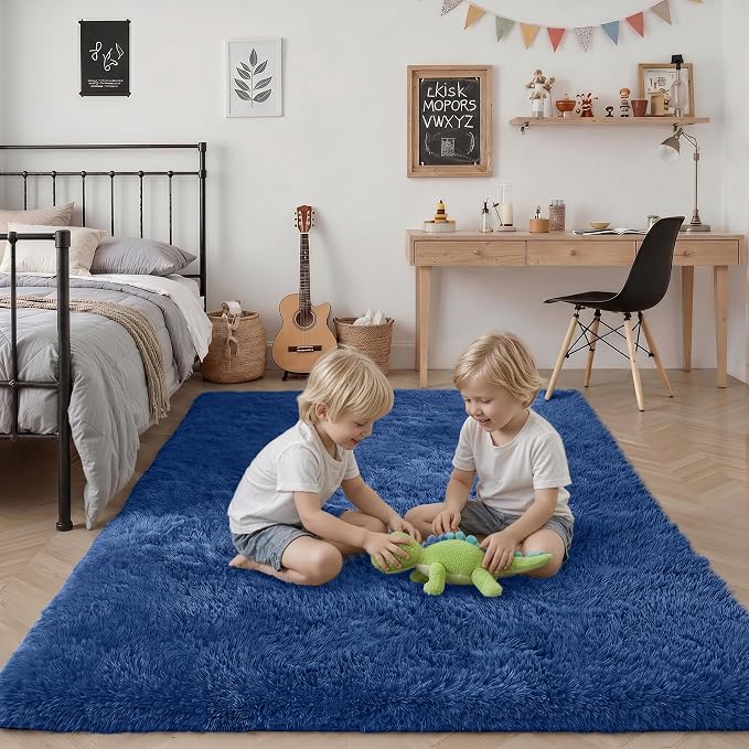 8x10 Area Rugs for Living Room Bedroom: Ultra Soft Fluffy Shag Rug Upgrade Non-Slip Non-Shedding Large Fuzzy Plush Carpet Indoor Floor Carpets for Kids Room Playroom Nursery Dorms Home Decor Blue
