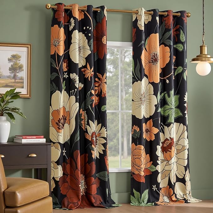jinchan Lora Floral Curtains for Bedroom Blackout Drapes for Living Room Darkening Fabric Vintage Black Boho Flower Pattern Fall Decor Window Curtains 102 Inches Length 2 Panels with Grommet