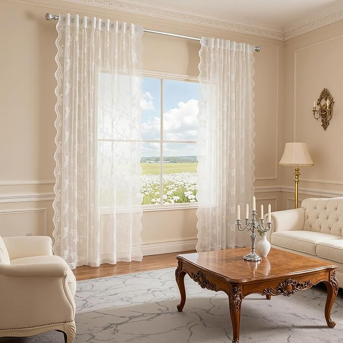 MEETSKY White Lace Curtains 63 Inch Length, Sheer Lace Curtain for Bedroom, Floral Vintage Light Filtering Short Curtains for Princess Room Living Room, Lace Drapes 2 Panels, Each Panel 50W x 63L