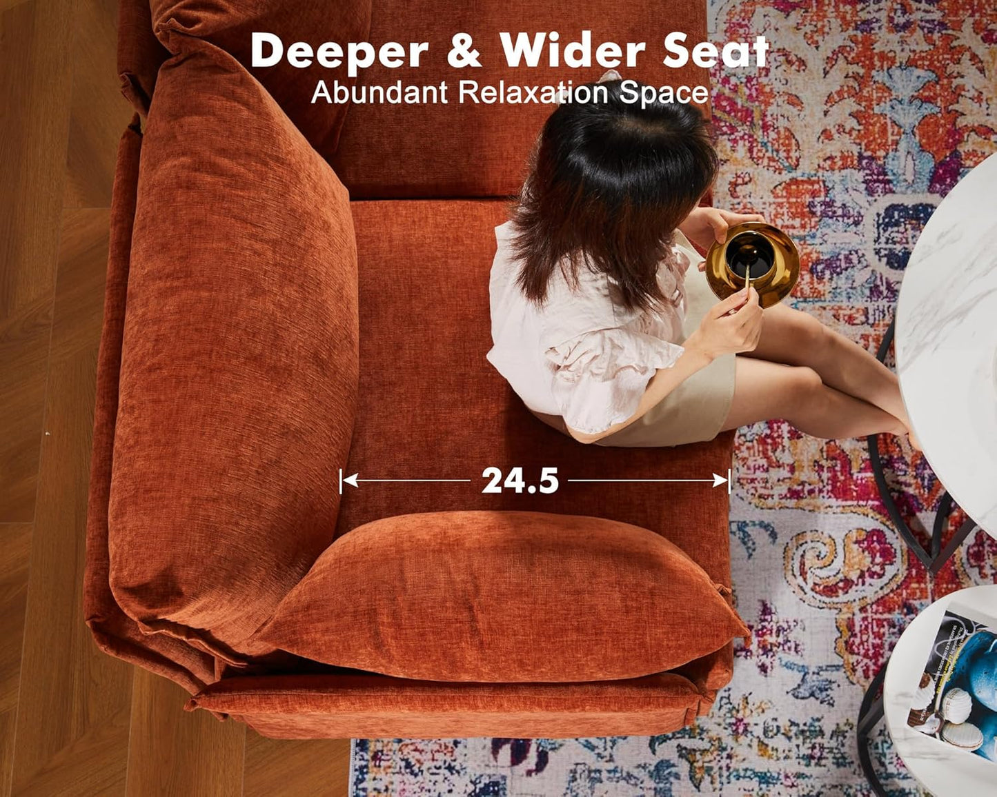 102.6" Modular Sectional Sofa, Oversized 3-Seater Terracotta Orange Couch with Removable Chenille Fabric Cover, Deep Seat & High Backrest for Living Room, Office & Apartment