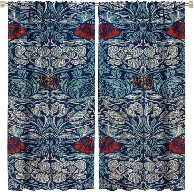 Bohemian William Morris Retro Plant Floral Blackout Window Curtains, Flower Vintage Country Farmhouse Art Window Drapes, for Bedroom Living Room 31.5(W)*72(L) 2 Panels