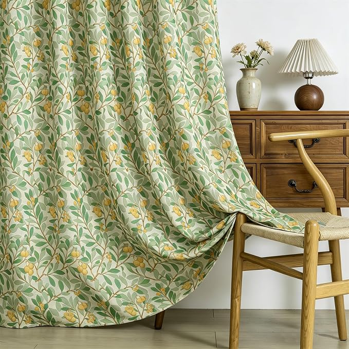 RoomTalks Green Yellow Floral Window Curtains 84 Inches Length 2 Panels, Boho Country Vintage Cute Botanical Fruit Faux Linen Curtain Panels for Bedroom Dining Living Room Dorm Summer Aesthetic Decor