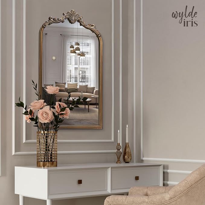 Wylde Iris English Estate Carved Arch Wood Wall Mirror, Mirror for Entryway, Living Room, Bathroom, Antique Gold, 20.4x33