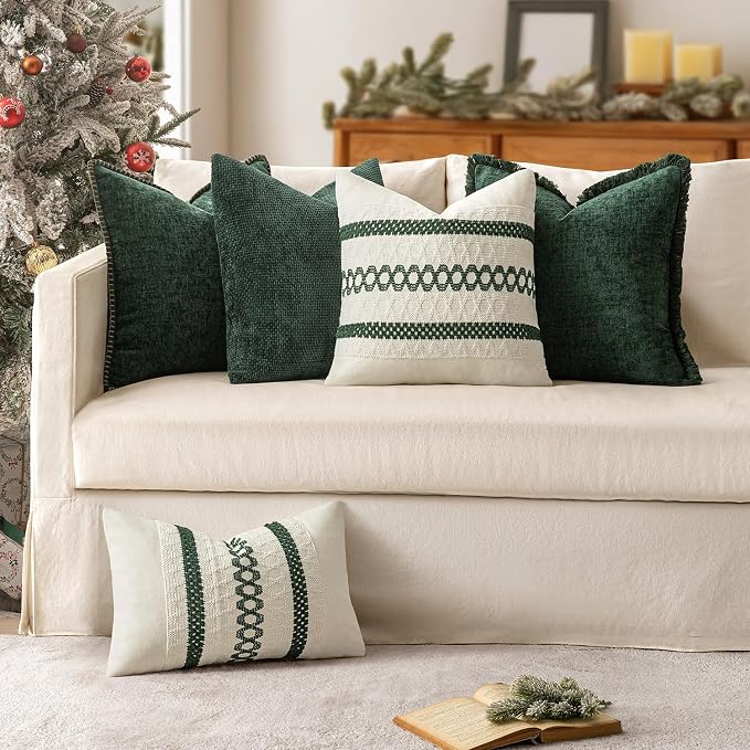 MIULEE Pack of 2 Green Couch Throw Pillow Covers 20x20 Inch Modern Boho Accent Decorative Pillow Covers Soft Chenille Farmhouse Cushion Covers for Home Decor Bed Sofa Living Room
