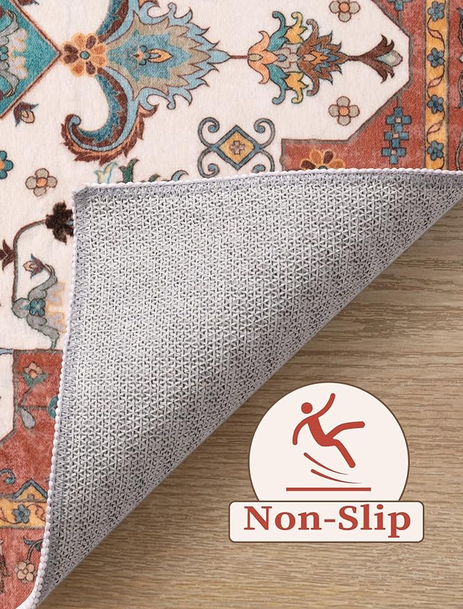 SERISSA Boho Washable Runner Rug, 2'6"x10' Long Non-Slip Vintage Orange Hallway Kitchen Stair Runner Rug Ultra Soft Print Distressed Floor Carpet for Bedroom Bathroom Laundry Room