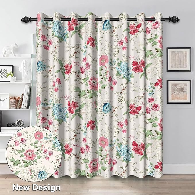 Renaiss Boho Flower Blackout Curtains Wild Blue Pink Floral Thermal Insulated Window Drapes for Bedroom 53W x 63L inches 2 Panel Set Beige Window Curtain Panels for Kitchen