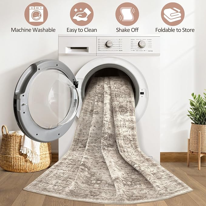 8x10 Area Rugs Living Room: Washable Boho Large Neutral Vintage Soft Rug Stain Resistant Farmhouse Non Slip Indoor Floor Carpet for Bedroom Nursery Kids Playroom Office Dining Room- Tan
