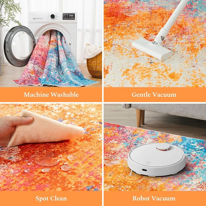 Rugflix Round Area Rugs 8Ft for Living Room, Washable Circle Rug Stain-Resistant Low Pile, Modern Dark Carpet for Bedroom Dining Room Home Office Kid Nursery Room, Rainbow