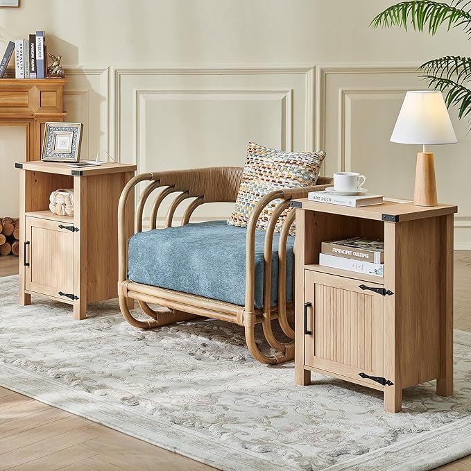 Joaxswe Boho Fluted Nightstand Set of 2 for Bedroom, 18" Rustic Night Stand with Charging Station, Modern Accent Bedside Tables with Open Storage Shelf & Door, Wooden End Table for Home, Natural Oak