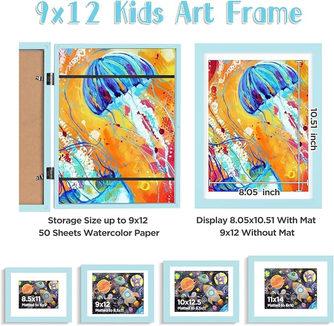 KINLINK 9x12 Kids Art Frame 2 Pack, Solid Wood Artwork Frames Changeable, Front Opening Hold 150 Pictures, Art Frames for Kids Artwork, 8.5x11 with Mat 9x12 without Mat, Picture Frames Light Blue