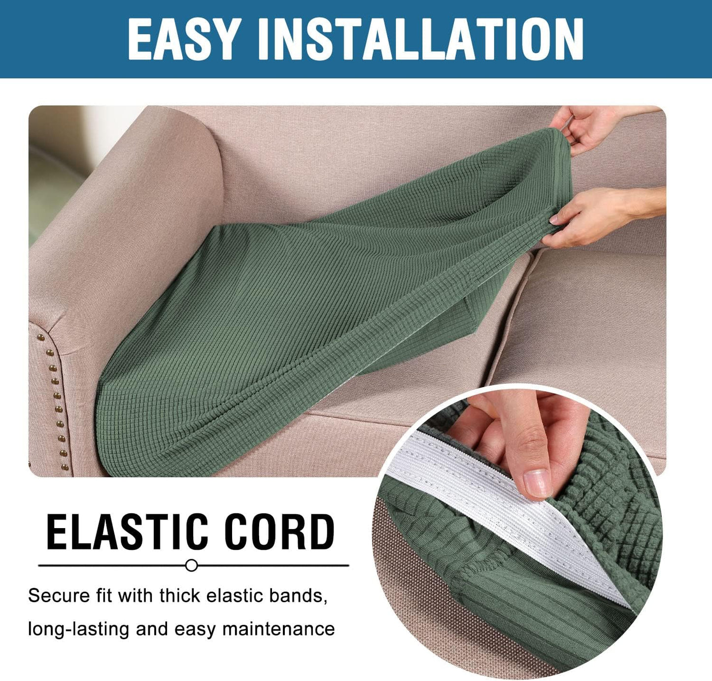 H.VERSAILTEX Super Stretch Individual Seat Cushion Covers Sofa Covers Couch Cushion Covers Slipcover Sets Thick Jacquard Textured Twill Fabric (2 Piece Large Sofa Cushion Covers, Loden Frost)