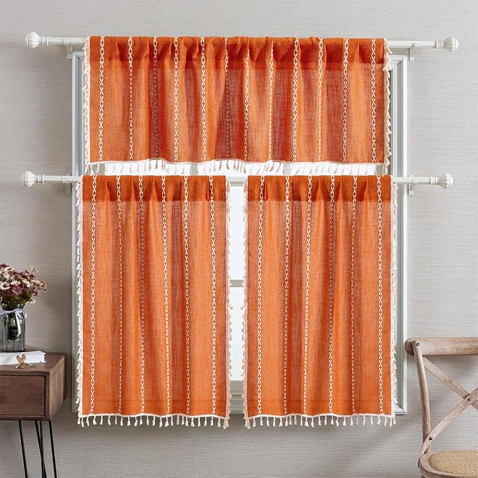RoomTalks Fall Color Boho Farmhouse Kitchen Curtains 36 Inch Length French Striped Modern Vintage Chic Textured Orange Autumn Short Cafe Curtains for Small Window Kitchen Bathroom