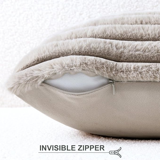 Pallene Faux Fur Plush Throw Pillow Covers 22x22 Set of 2, Luxury Soft Fluffy Striped Decorative Pillow Covers for Sofa, Couch, Living Room, Tan