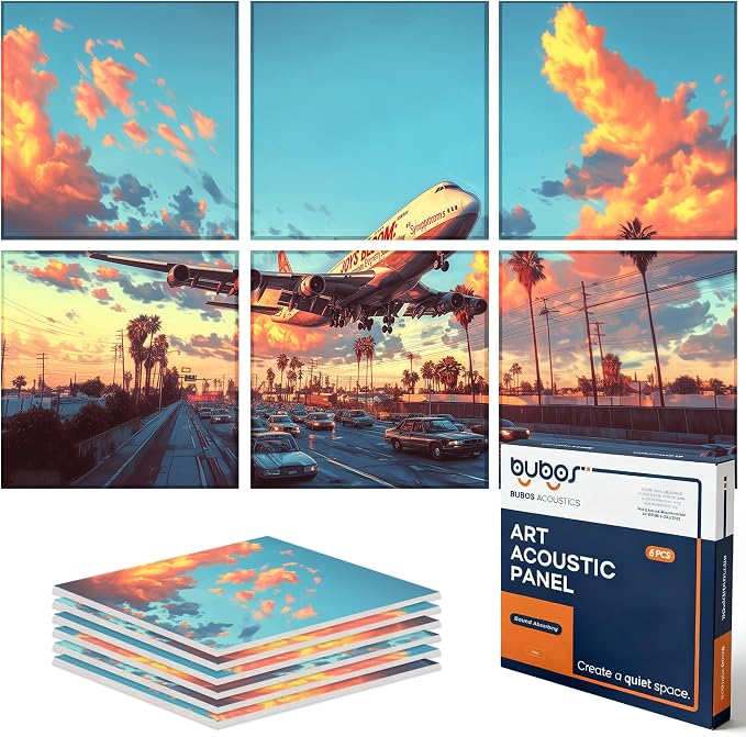BUBOS 6 Pack Acoustic Wall Panels - High-Density Polyester Sound Absorbing Panels, Decorative Print Treatment for Recording Studio & Home Office, Peel and Stick, 23.6" x 23.6"