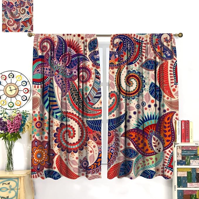 Boho Decorative Curtains Bedroom Living Room Rod Pocket Curtains, Vintage Boho Grill Floral Pattern 2 Panel Set, 63x72 in.