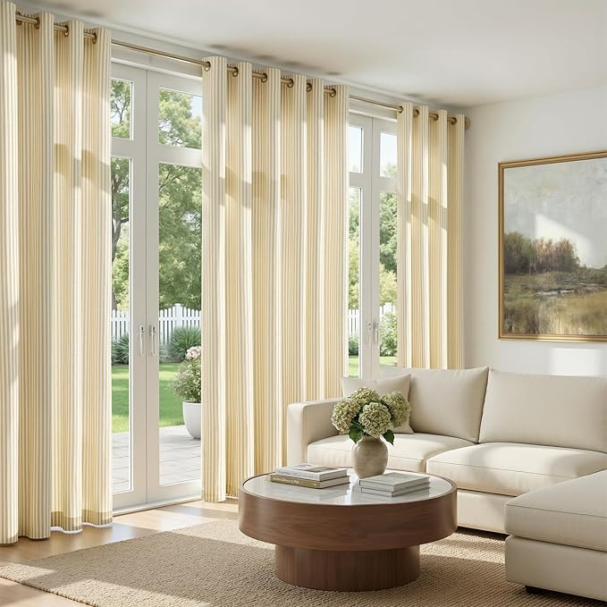 jinchan Linen Curtains 84 inch Yellow Stripe on White Grommet 2 Panels | Curtains for Living Room Bedroom,Ticking Vertical Stripe Pattern,Modern Farmhouse Drapes, Window Treatment,Light Filtering