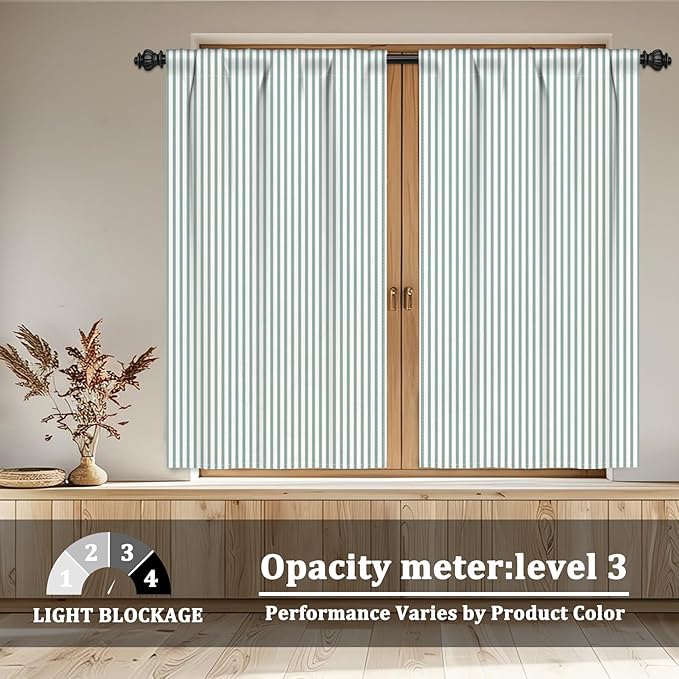 Renaiss 42 x 54 Inch Sage Green Linen Kitchen Curtains Farmhous Country Striped Tier Curtain Ticking Stripe Small Drapes for Living Room Bathroom Cafe Small Window Rustic Pinstripe Rod Pocket 2 Panels