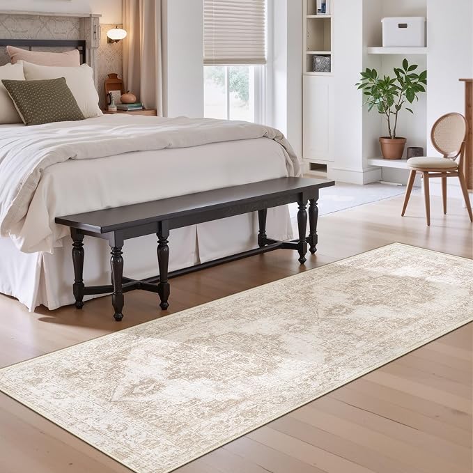 Area Rug 2x7 Runner Rugs: Washable Vintage Hallway Rug Indoor Medallion Rugs Low Pile Distressed Floor Carpet Retro Accent Rug for Kitchen Bedroom Bathroom Dining Room(Beige, 2'x7')