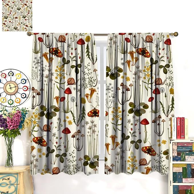 Rustic Mushroom Curtains, Farmhouse Country Fairy Tale Forest Wild Floral Botanical Nature Plants Herbs Moth Blackout Window Treatments for Kitchen Bedroom Livingroom, 72" W X 63" L
