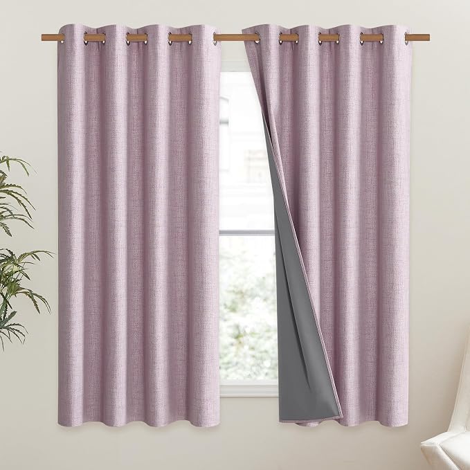 NICETOWN Pink Vintage Linen 100% Blackout Curtains for Living Room, Thermal Insulated Curtains 48" Long, Noise Reducing Window Treatment Drapes for Hall Room, 52" Wide Per Panel, Set of 2
