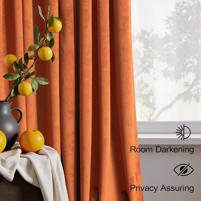 Burnt Orange Velvet Curtains 96 Inches Long for Bedroom 2 Panels Back Tab Luxury Textured Light Blocking Soundproof Autumn Drapes Rust Terracotta Living Room Darkening Curtains Boho Modern Farmhouse