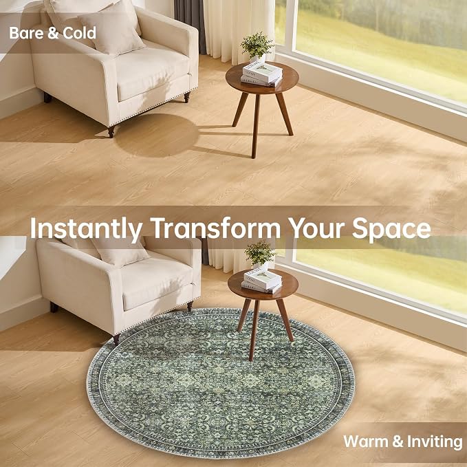 Sasttie Round Rug 4ft, Ultra-Soft Washable Circle Rug, Low Pile Foldable Thin Rugs with Non-Slip Backing, Skin-Friendly Stain Resistant Carpet for Living Room, Bedroom, Kitchen, Dorm, 4ft, Dark Green