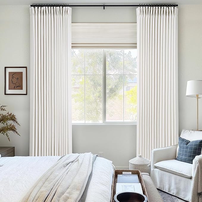 Pleated Linen Curtains 90 inch Long for Living Room Patio Sliding Door Light Filtering Semi Sheer Curtains 90 inch Length 2 Panels Set Modern Elegant Textured Thick Pleated Drapes Neutral Off White
