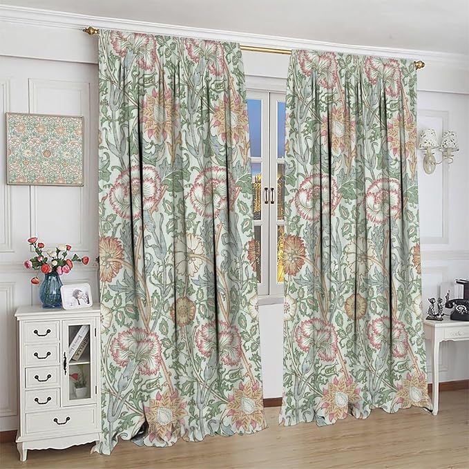 William Morris Floral Window Curtains, Watercolor Vintage Flower Art Style Blackout Window Treatments, for Bedroom Living Room 27.5(W)*63(L) 2 Panels