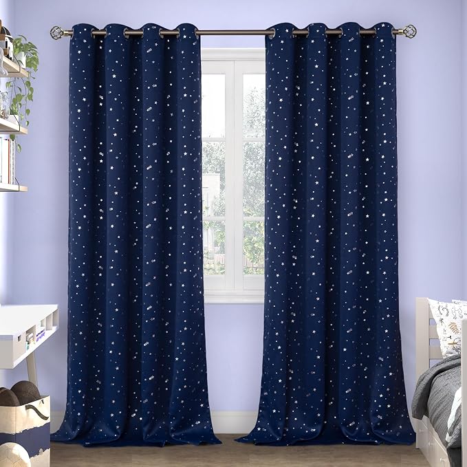 BGment Kids Blackout Curtains for Bedroom - Grommet Thermal Insulated Silver Star Print Room Darkening Curtains for Kids Room, Set of 2 Panels, 55 x 96 Inch, Navy Blue