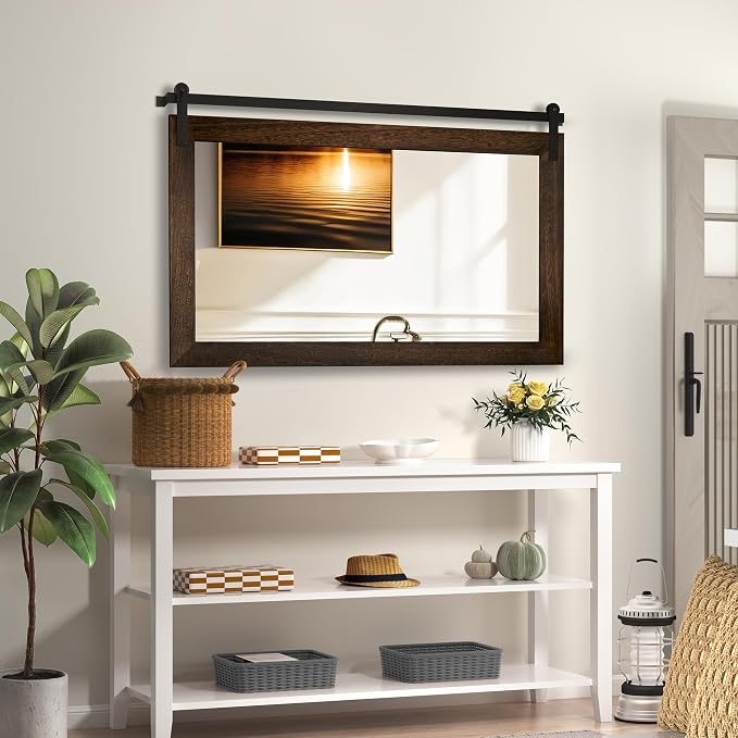 COGOOD Farmhouse Bathroom Mirror - 41" x 30" Rustic Barn Door Mirror for Living Room, Entryway, Bedroom, Vanity Wall Decor (Black Brown)