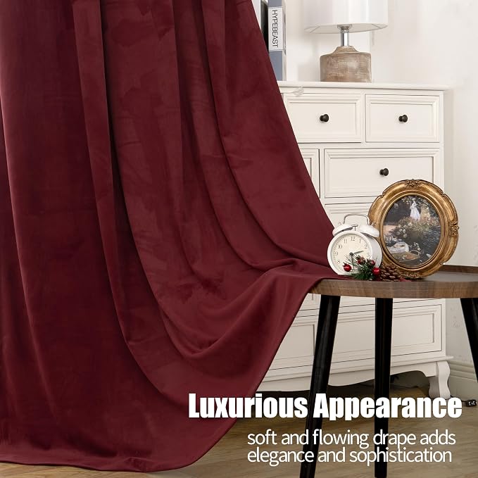 YoungsTex 96 Inch Burgundy Velvet Blackout Curtains for Living Room, Extra Long Room Darkening Drapes with Grommet Privacy for Dining Bedroom, 2 Panels, 52 X 96 Inch