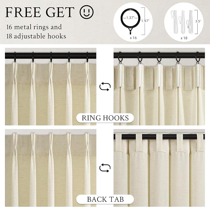 Topfinel 102 Inch Curtains 2 Panels Set,Two Packs Pinch Pleat Back Tab Linen Window Semi Sheer Privacy Thick Decorative Curtain Drapes for Living Room Bedroom,40x102 in Long,Cream