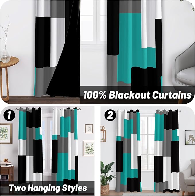 Tyrot Teal/Turquoise 100% Blackout Curtains for Bedroom 108 inch Extra Long 2 Panels Set Black Grey Modern Abstract Geometric Black Out Curtains Room Darkening Window Drapes for Living Room, 52Wx108L
