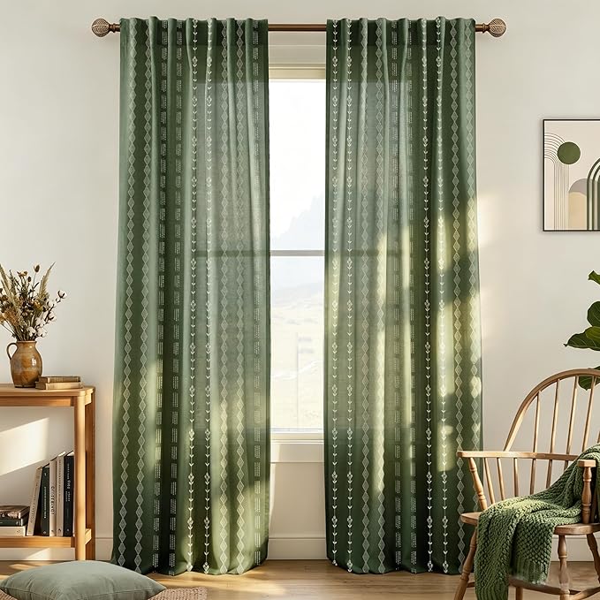 Olive Green Boho Floral Linen Curtains, Vintage Botanical Striped Plaid Pattern Semi Sheer Drapes, Dark Cottagecore Moody Curtains for Living Room Bedroom, 84 Inches Long, 2 Panels Set, Moss Green