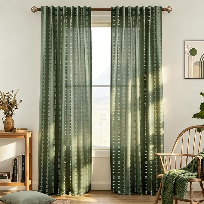 Olive Green Sheer Linen Boho Patterned Curtains 96 Inches Long 2 Panel Set for Living Room
