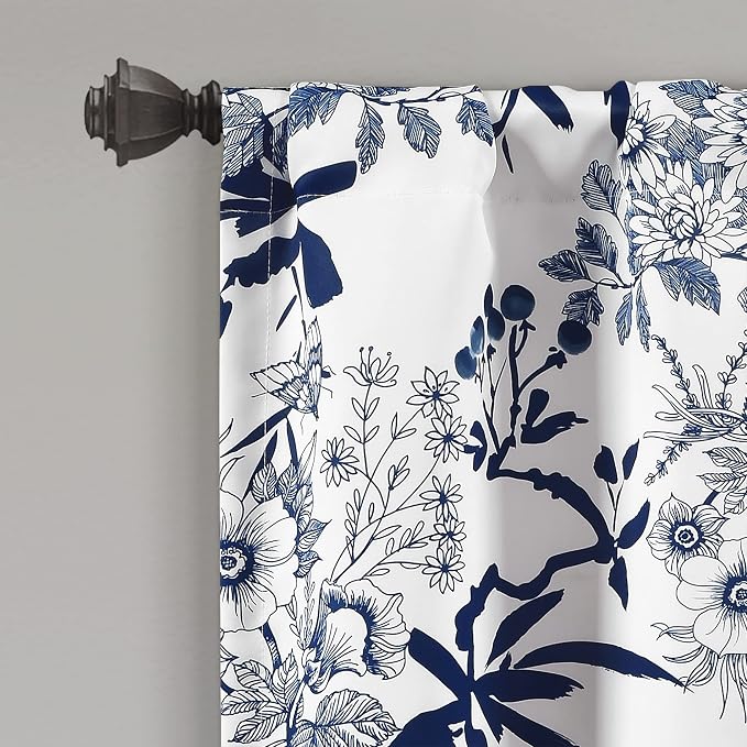 Lush Decor Botanical Garden Curtains Floral Bird Print Light Filtering Window Valance Drapes for Living, Dining, Bedroom, Navy, 52"W x 18L"
