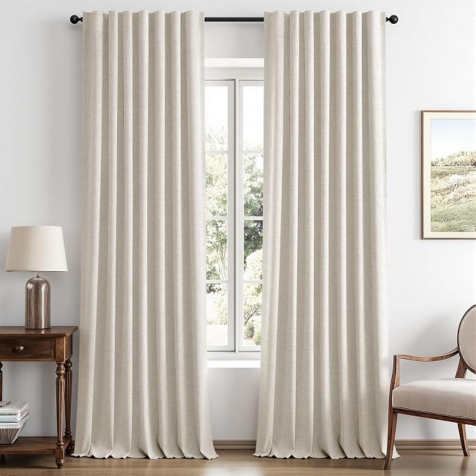 MIULEE 100% Blackout Linen Curtains for Bedroom, Birch Solid Luxury Decor Thermal Insulation Room Darkening Drapes for Living Room Back Tab Rod Pocket 42 x 96 Inches, 2 Panels
