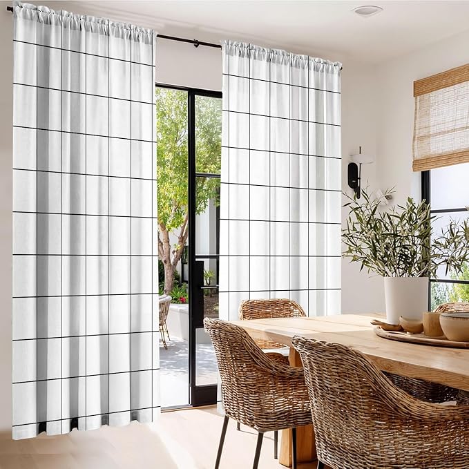 Black and White Curtains,Plaid Curtains 84 Inches Long for Living Room Bedroom,Farmhouse Rustic Gingham Checkered Rod Pocket Light Filtering Modern Woven Stripes Privacy Drapes 2 Panels